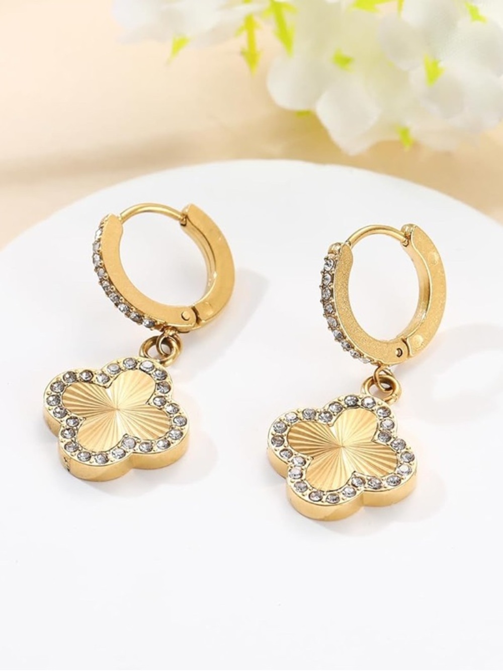 New! 18k Gold Plated Four Leaf Clover Crystal Hoop Drop Earrings